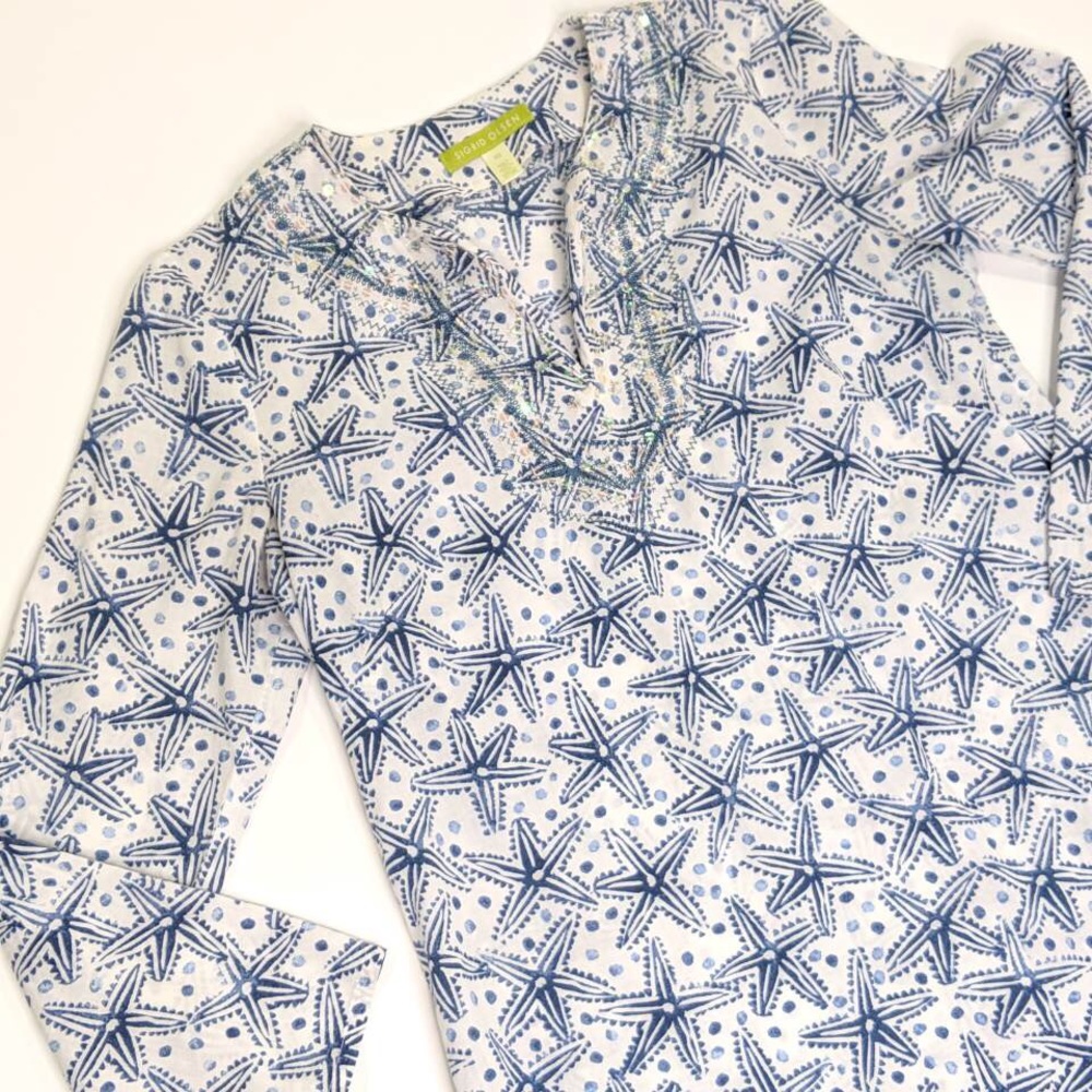Sigrid Olsen Sequin Cotton V Neck Tunic Blouse Xs - image 1